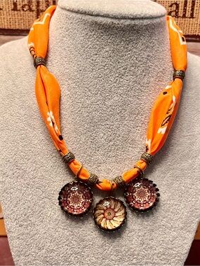 Handmade Fall Orange Bandana Necklace with Handmade Boho Charm Pendants